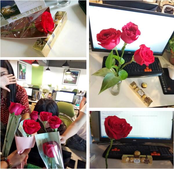 female employees receive roses and chocolates from doing on chinese valentine's day